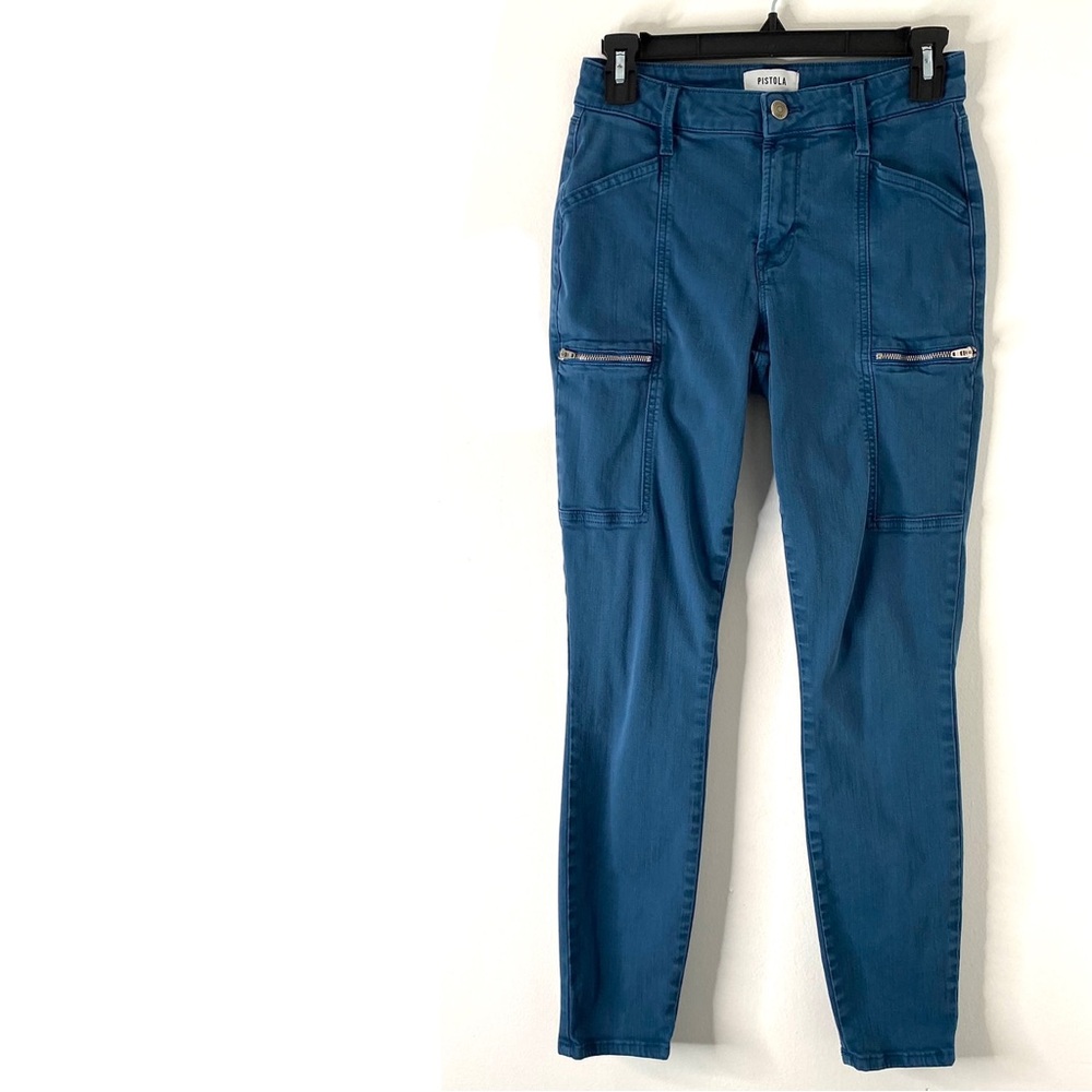 Pistola Zipper Skinny Cargo Jeans Teal Blue Stretch Denim
